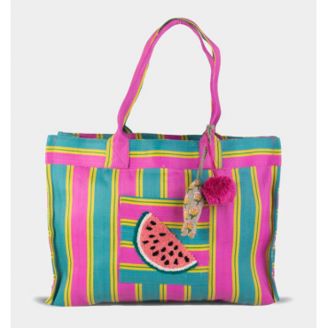 PACK BOLSO + NECESER PLASTICO RECICLADO KBAS COLOR FUCSIA CON RAYAS Y DECORACIÓN SANDIA