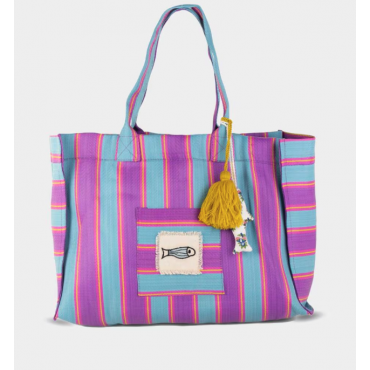 PACK BOLSO + NECESER PLASTICO RECICLADO KBAS COLOR LILA CON RAYAS Y DECORACIÓN PESCADO